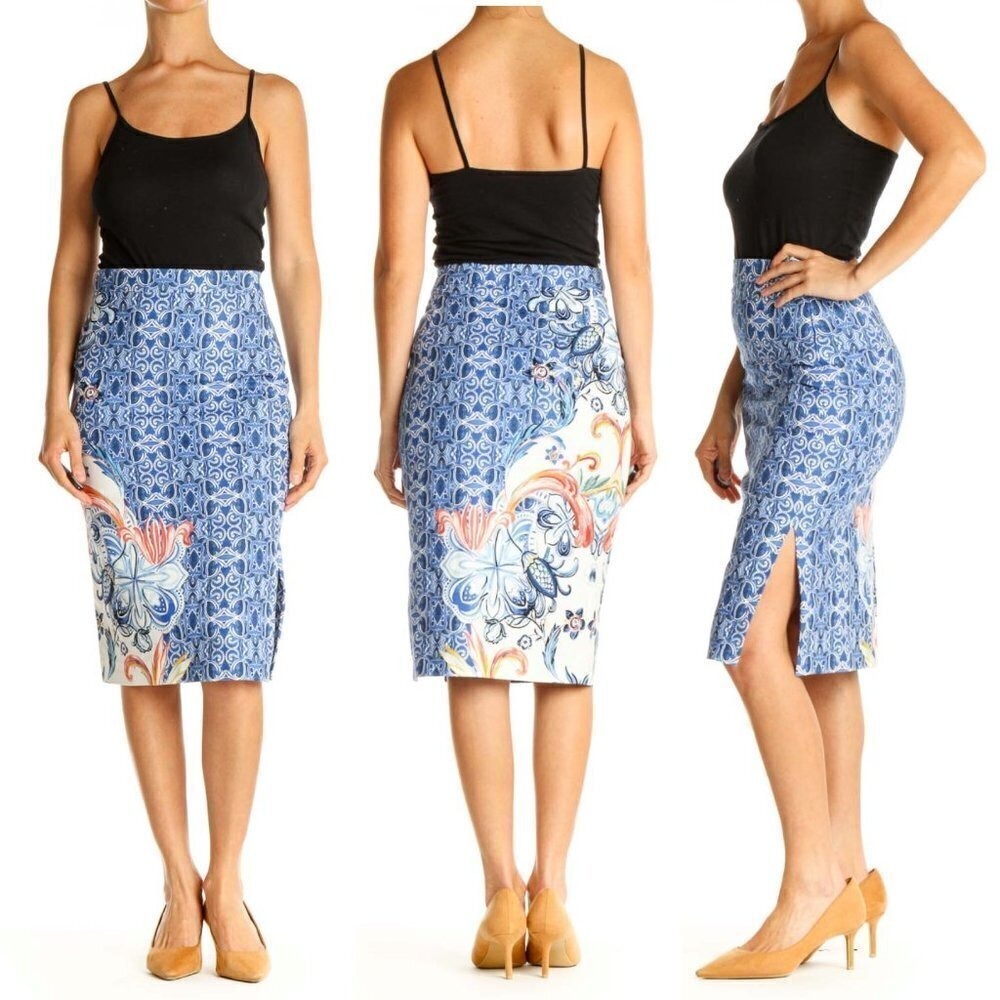 Moulinette Soeurs Anthropologie Blue‎ Floral Tile Print Pencil Skirt Side Slit 0